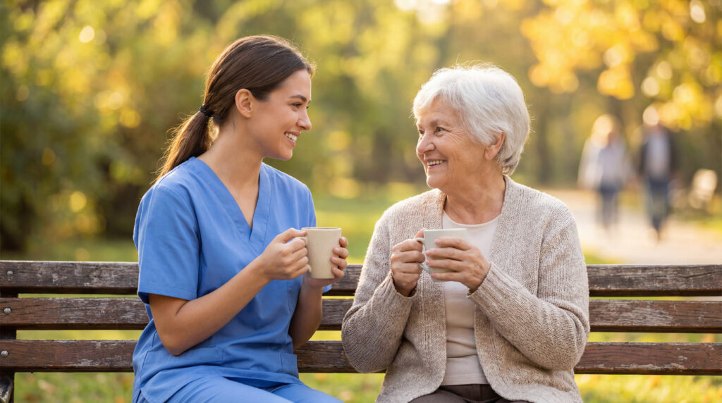 caring nurse and elderly woman enjoying coffee break outdoors.